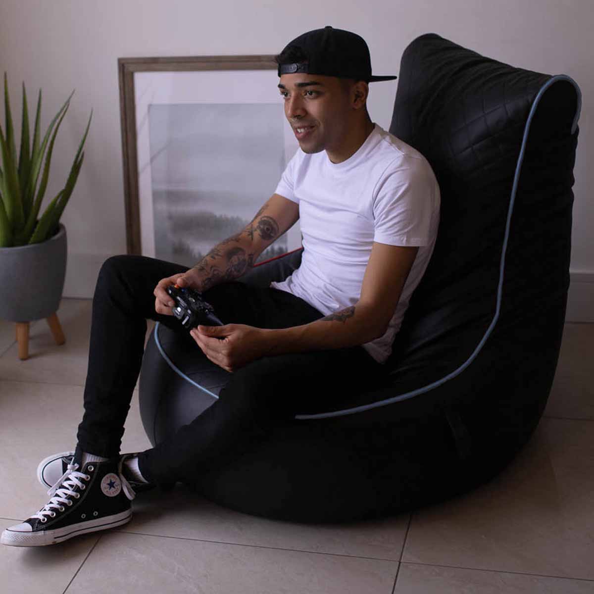 Alpha Hog Fengjing Gaming Chair Black with Blue Piping - Quilted PU