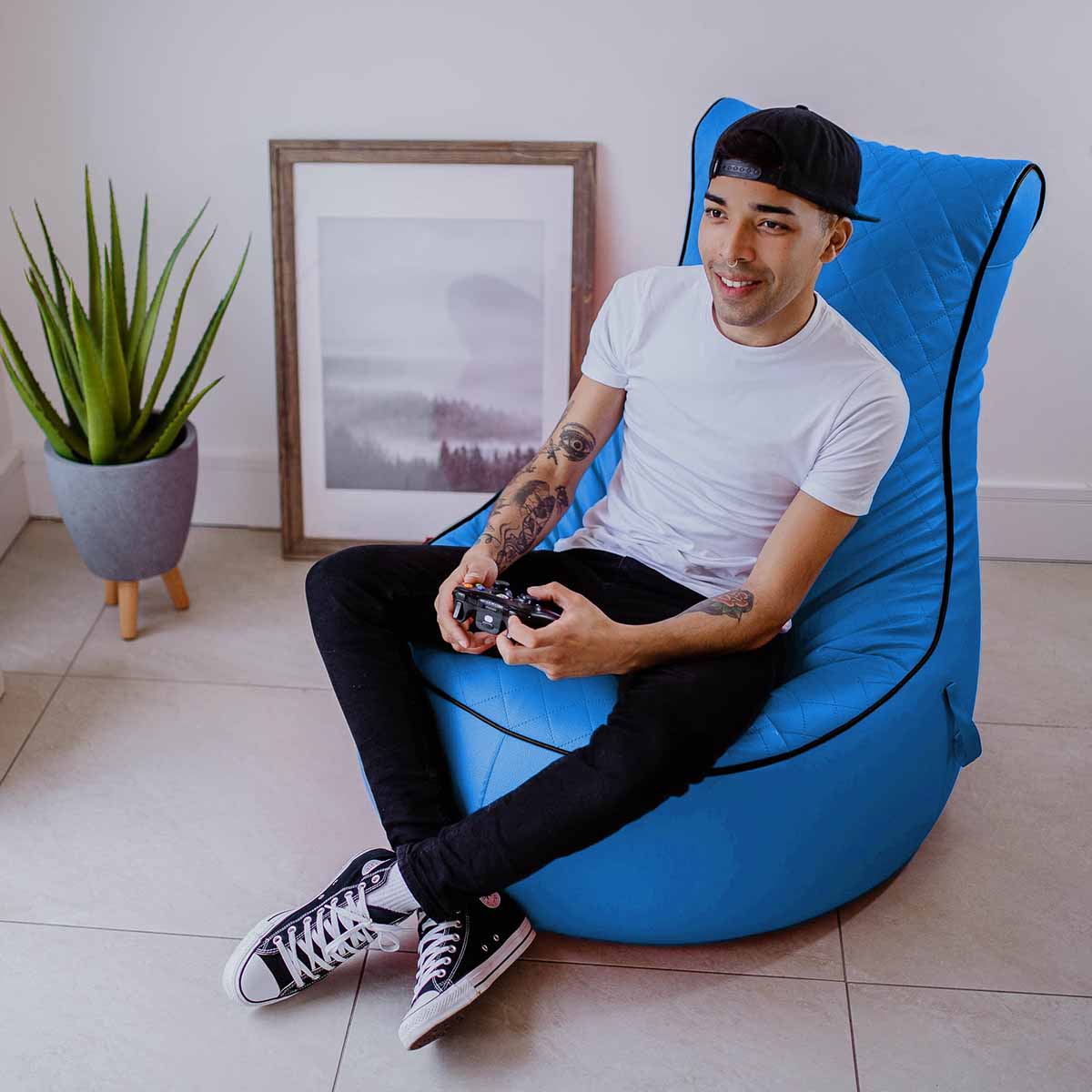 Alpha Hog Fengjing Gaming Chair Blue with Black Piping - Quilted PU