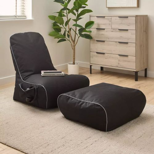 Black Gaming Chair Bean Bag with Grey Piping and Footstool
