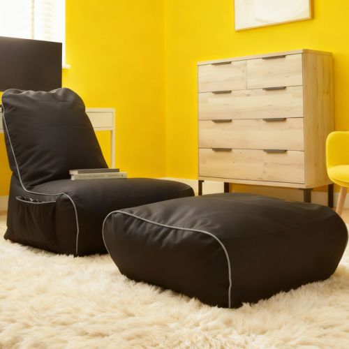 Black Gaming Chair Bean Bag with Grey Piping and Footstool