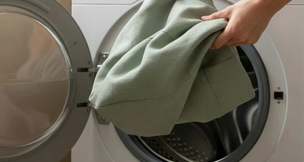 Green beanbag cover being placed into a washing machine