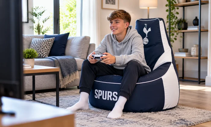 Tottenham Hotspur football gaming bean bag chair in a living room